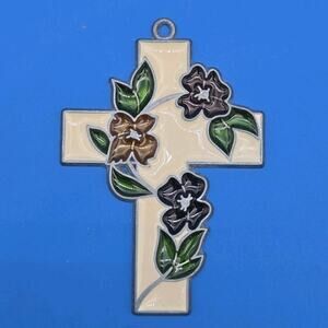Stained Glass Style Floral Cross Suncatcher Ornament Hanging Décor ~4.25”